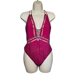 Nanette Lepore Magenta One Piece Swimsuit Size L Geometric‎ Halter Boho EUC